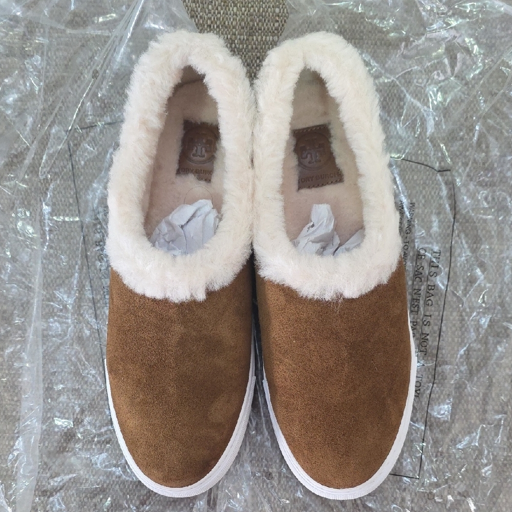 Tory Burch Brown Suede Slippers with Cream Fur